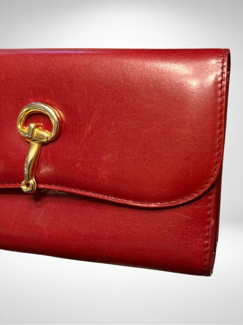 Gucci Vintage Authentic Red Leather Wallet Chain Crossbody Clutch Horsebit COA - Picture 7 of 16